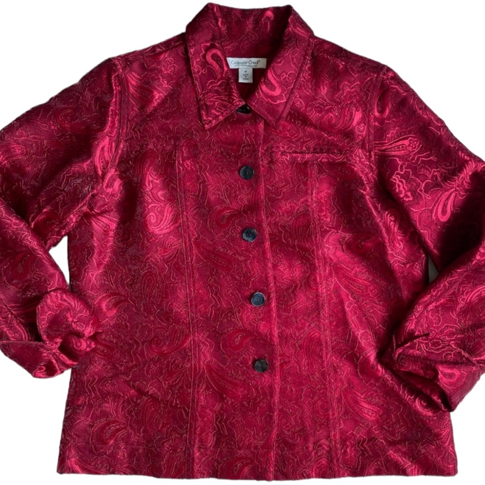 Floral Embossed Jacket Button-up EUC M Burgundy Red Notched Cuff Holiday VTG